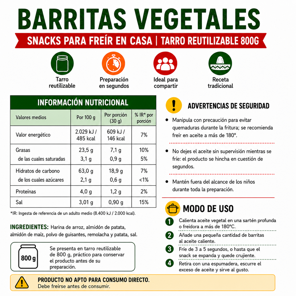 Barritas Vegetales - Snacks Para Freir En Casa | Tarro Reutilizable 800G
