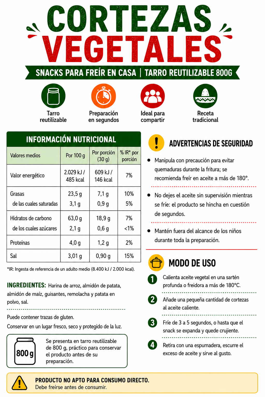 Cortezas Vegetales - Snacks Para Freir En Casa | Tarro Reutilizable 800G