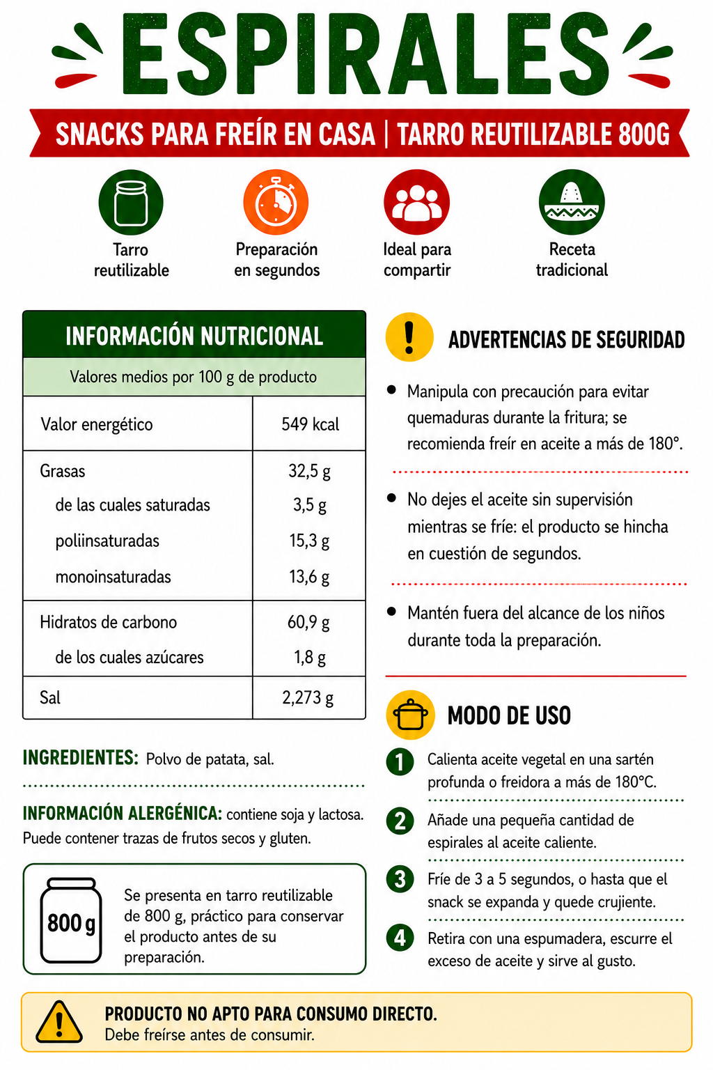 Espirales - Snacks Para Freir En Casa | Tarro Reutilizable 800G