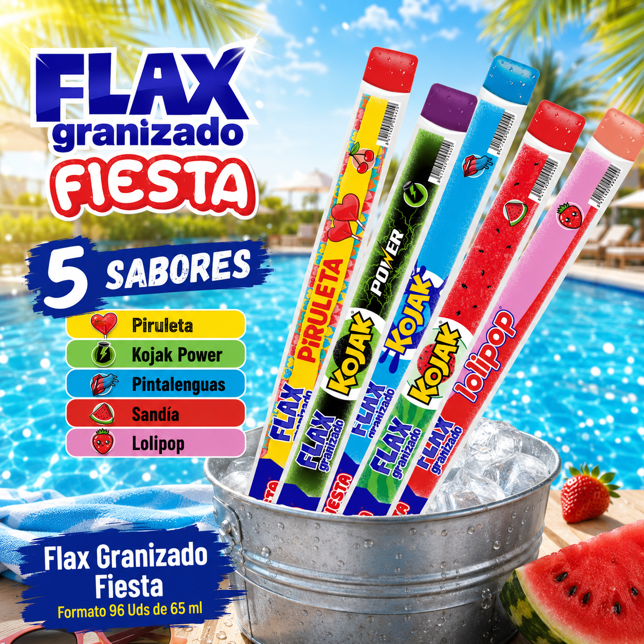 Flax Granizado Fiesta - Sabores: Piruleta, Kojak Power, Pintalenguas, Sandia y Lolipop | Formato 96 Uds de 65ml