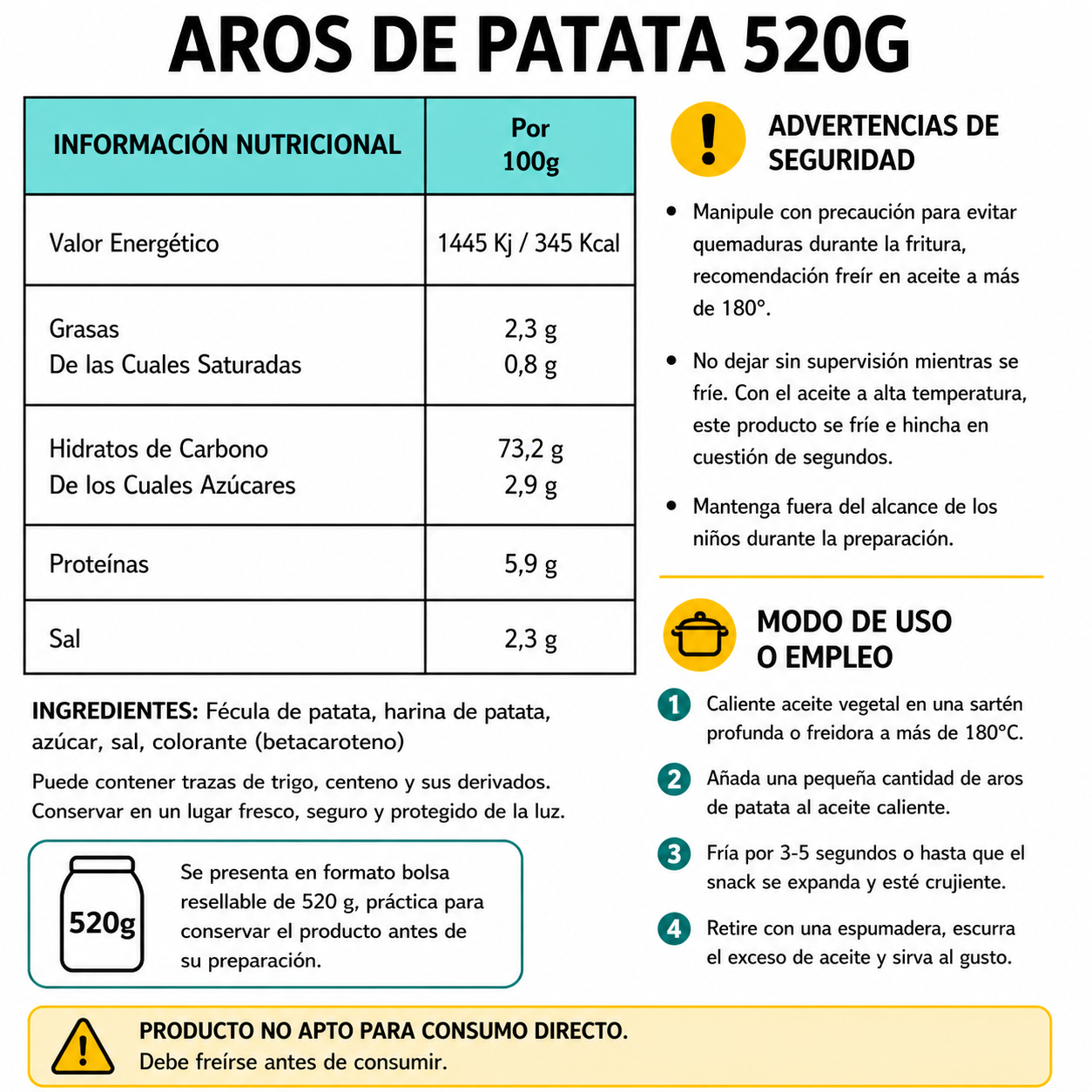 Aros de Patata - Snacks Para Freír En Casa | Formato Tarro Reutilizable 520G
