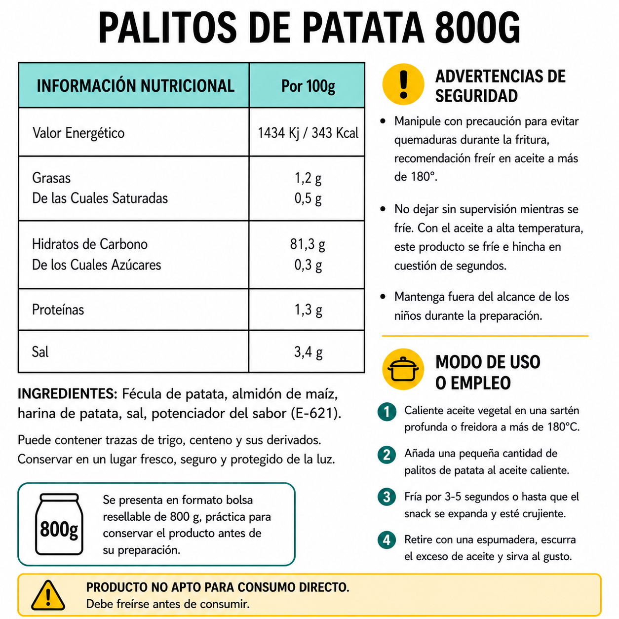 Palitos de Patata - Snacks Para Freír En Casa | Formato Tarro 800G