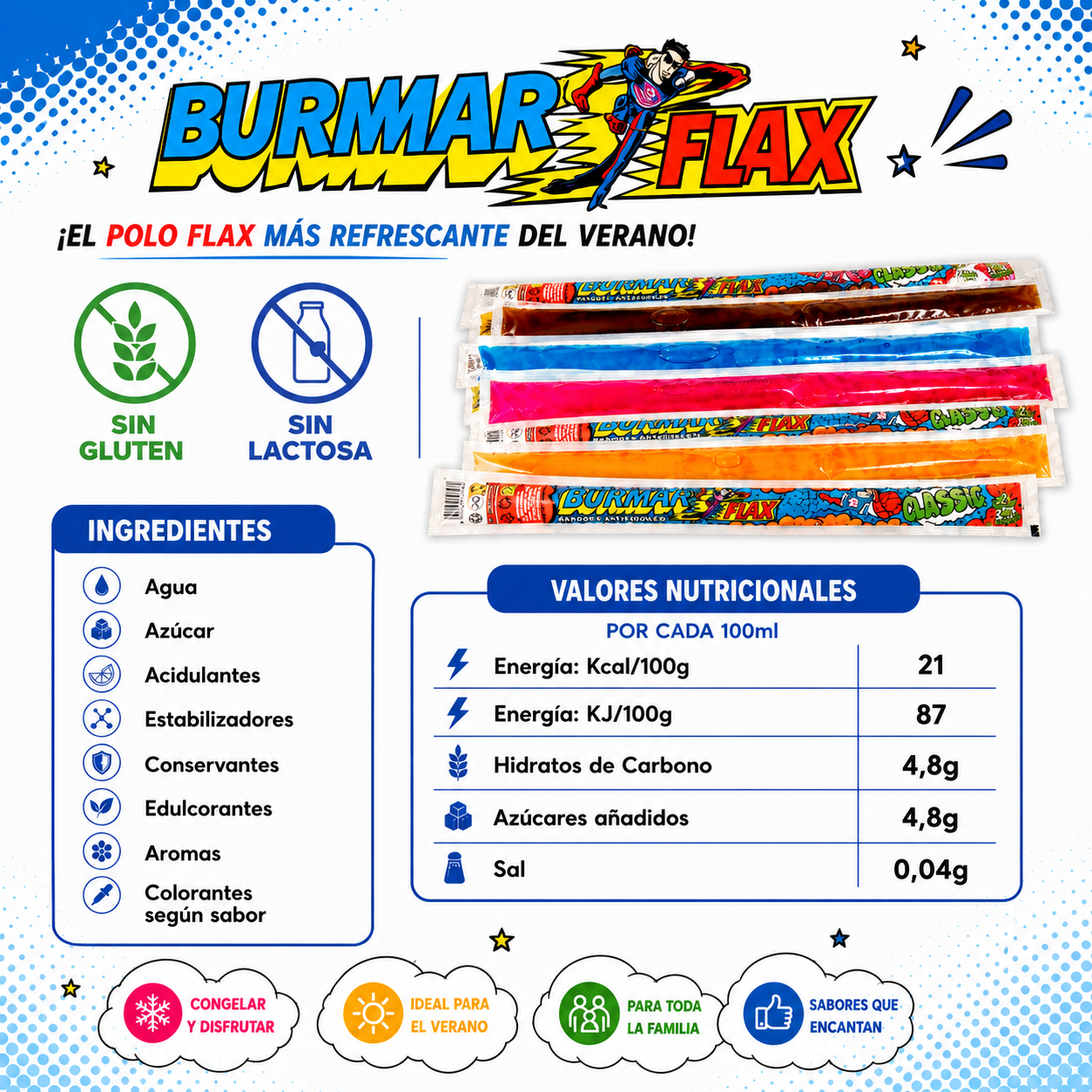 BURMAR FLAX SABORES CLASICOS: Tropical, Cola, Fresa, Naranja, Frambuesa y Limón