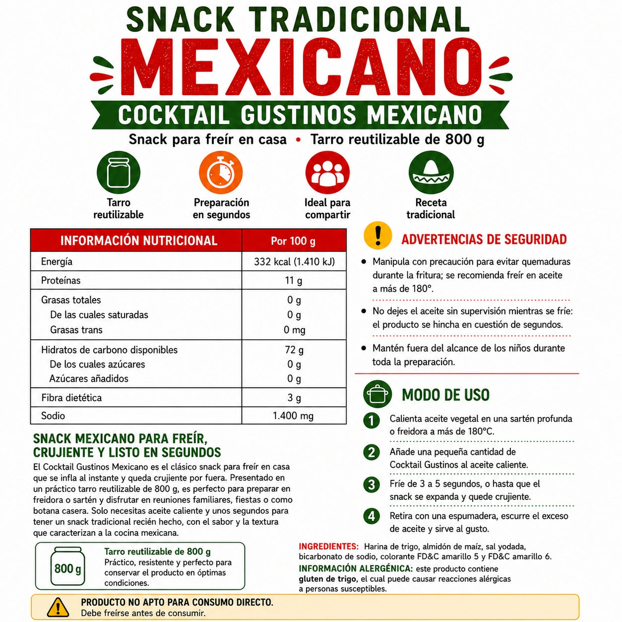 Cocktail Gustinos Mexicano - Snacks Para Freir En Casa | Tarro Reutilizable 800G