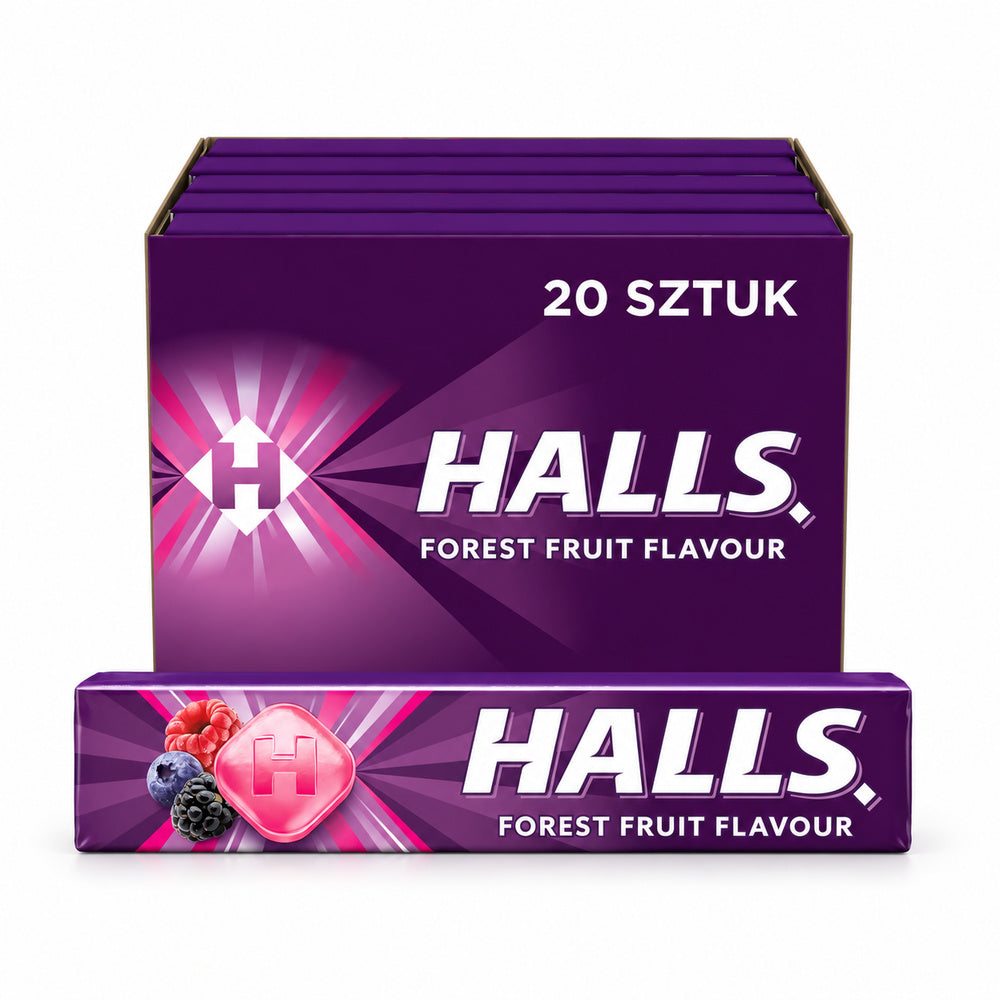 Halls Frutos del Bosque: expositor original sobre fondo blanco