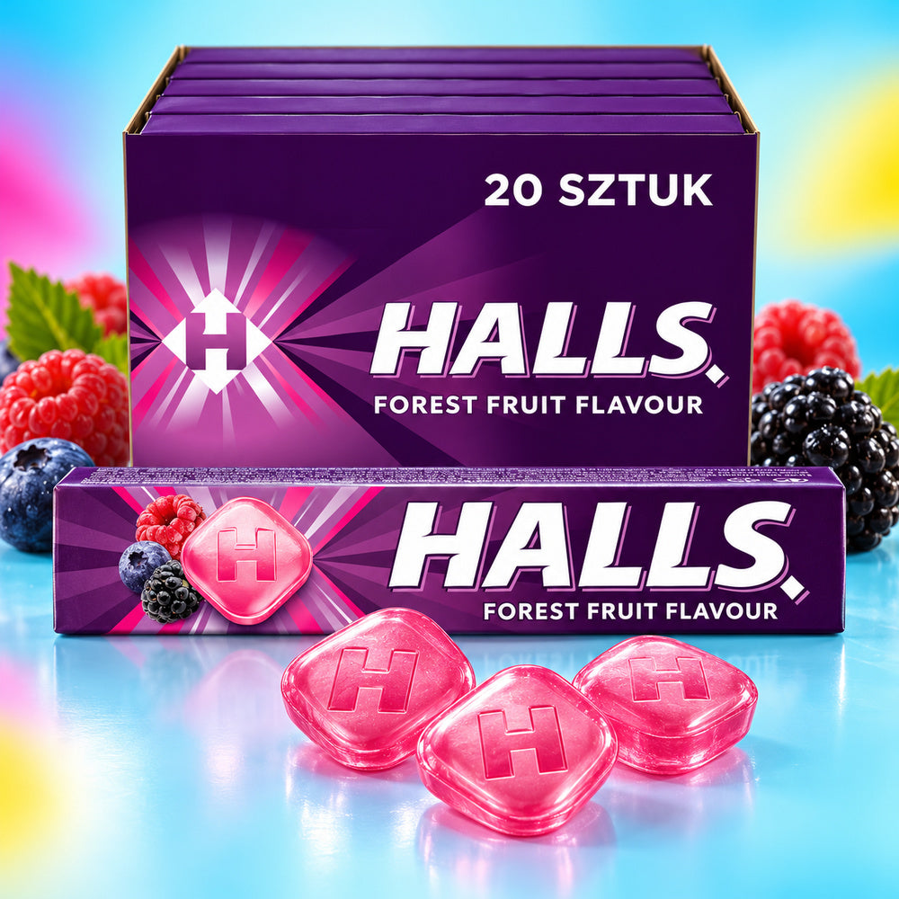 Halls Frutos del Bosque con caramelos en primer plano