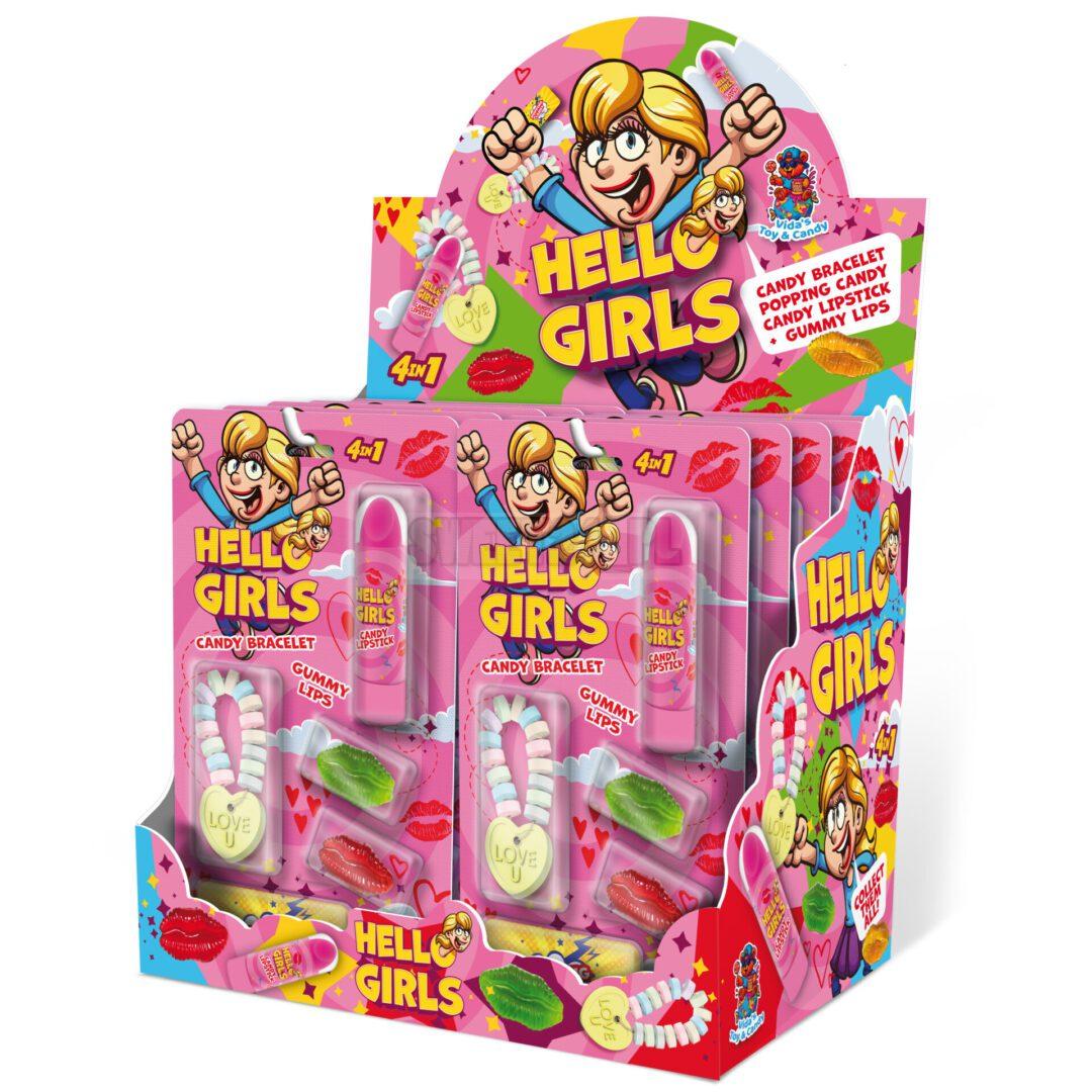 Kit "Hello Girls" 4 en 1 - Collar, Pintalabios, Gominolas, Popping Candy - Contiene 12 Unidades