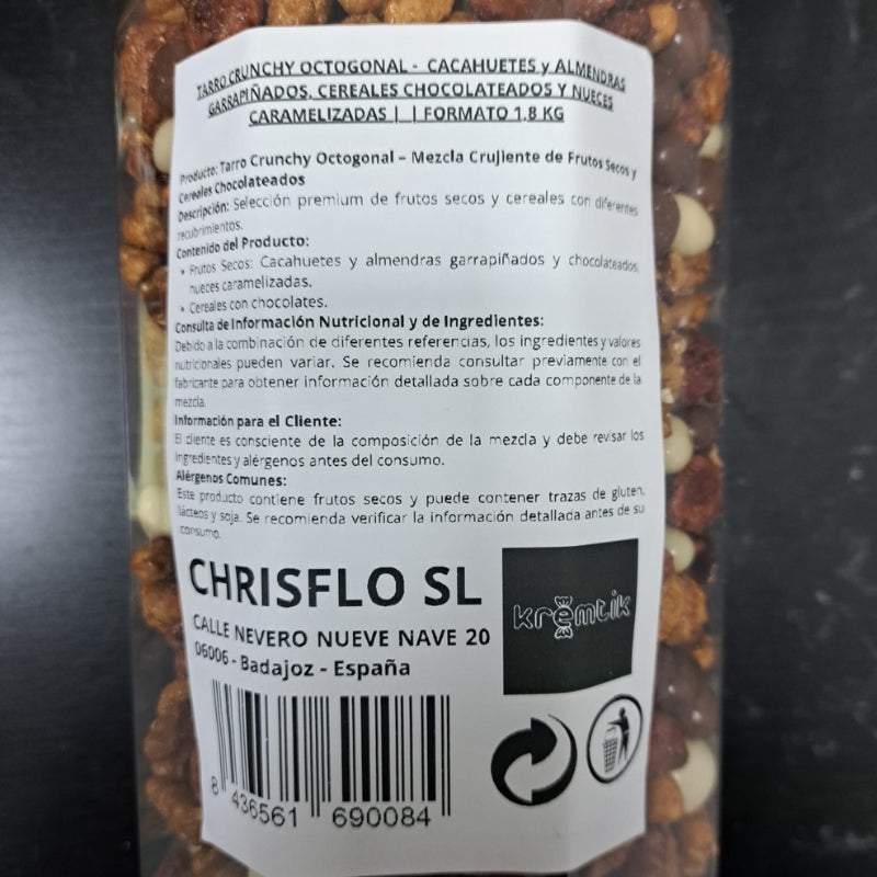 TARRO CRUNCHY OCTOGONAL -  CACAHUETES y ALMENDRAS GARRAPIÑADOS, CEREALES CHOCOLATEADOS Y NUECES CARAMELIZADAS |  | FORMATO 1,8 KG