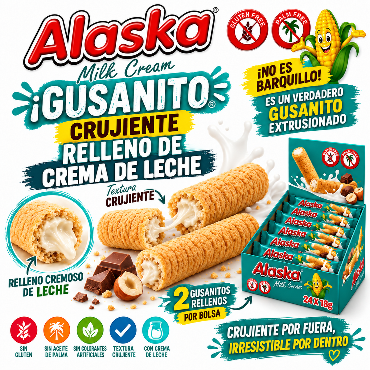 Alaska - Gusanito Crujiente Relleno de Crema | SABOR CHOCOLATE CON  CREMA DE LECHE | Contiene 24 Unidades - Sin Gluten