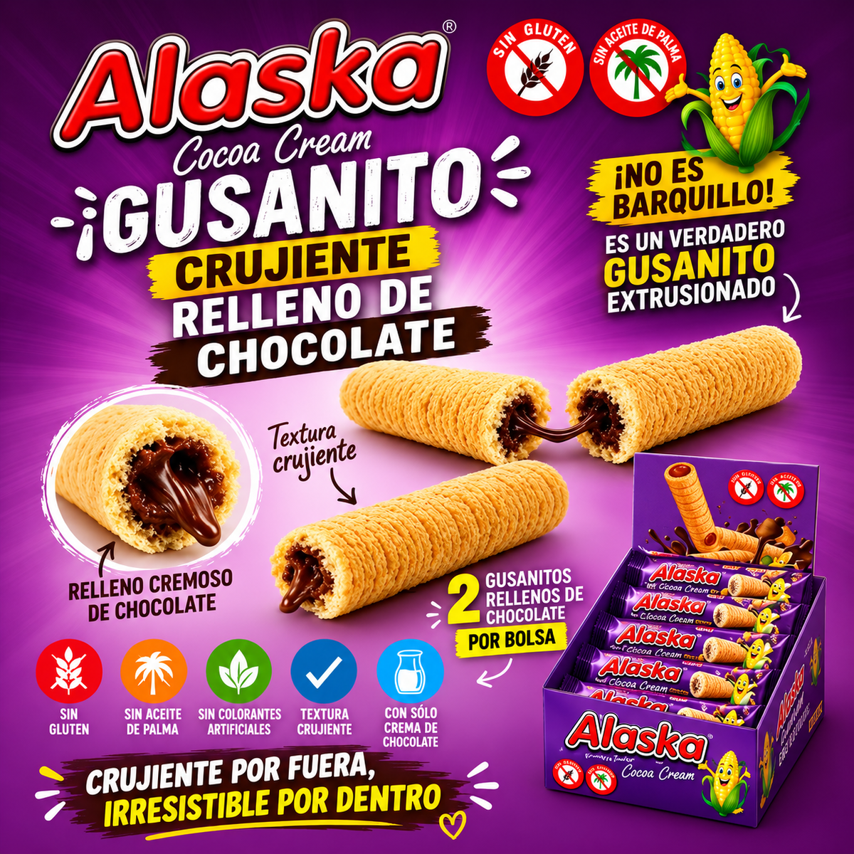 Alaska - Gusanito Crujiente Relleno de Crema | SABOR CACAO | Contiene 24 Unidades - Sin Gluten