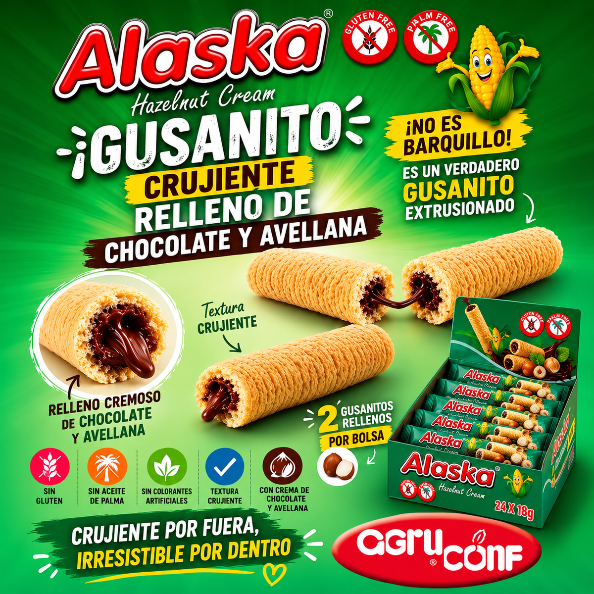 Alaska - Gusanito Crujiente Relleno de Crema | SABOR CHOCOLATE DE AVELLANA | Contiene  - Sin Gluten