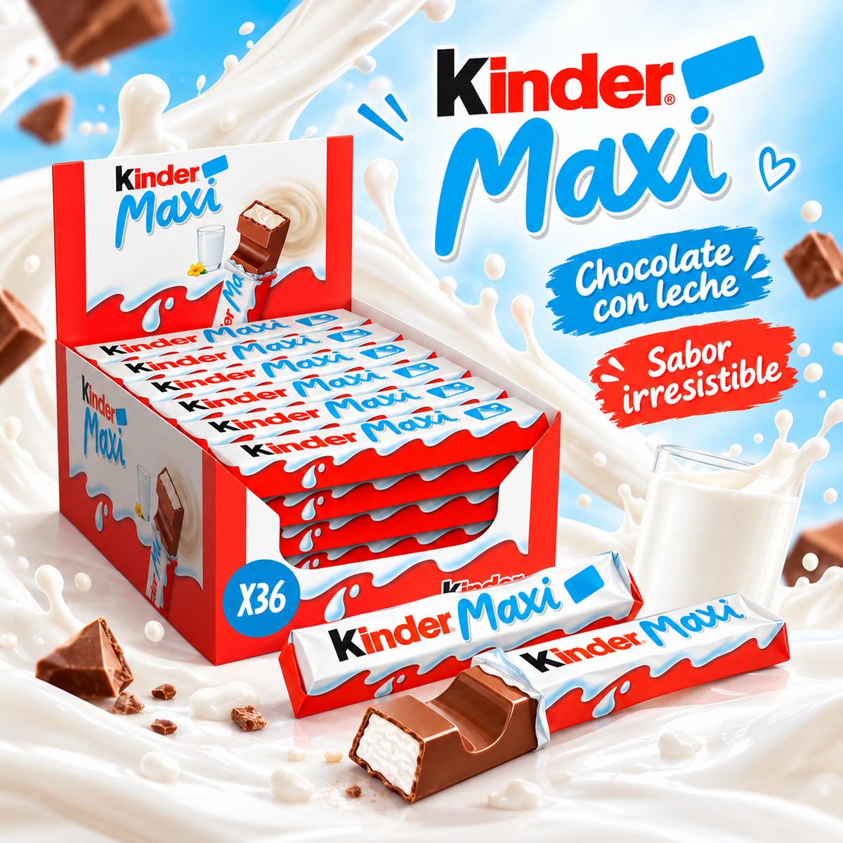 Kinder Maxi Riegel - Barrita de Chocolate (36 Uds)