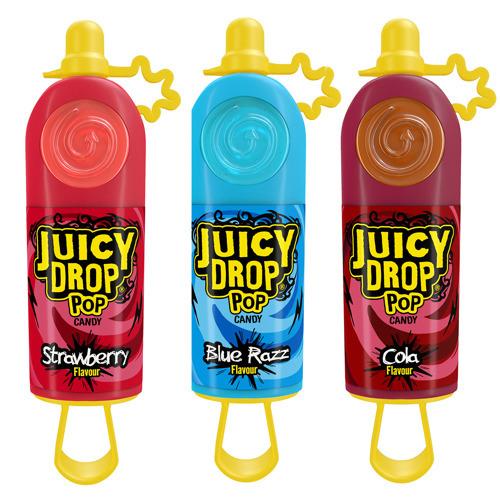 Caramelo Duro Y Caramelo Líquido Ácido Juicy Drop Pop | Formato Caja 12 Unidades (Fresa, Frambuesa y Cola)