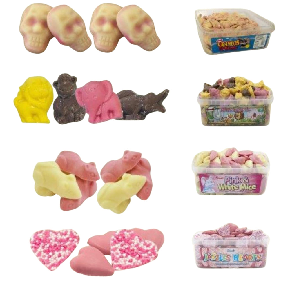 Lote 3+1 Chocolates Hannas : Cráneos, Animals, Ratones y Corazones Confetti | Tarros 120 Uds