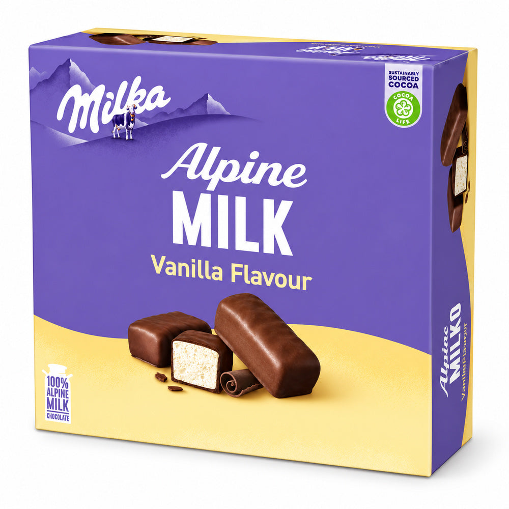 Milka Marshmallow Cubierta de Chocolate con Interior de Vanilla | Caja 165G — envase sobre fondo blanco