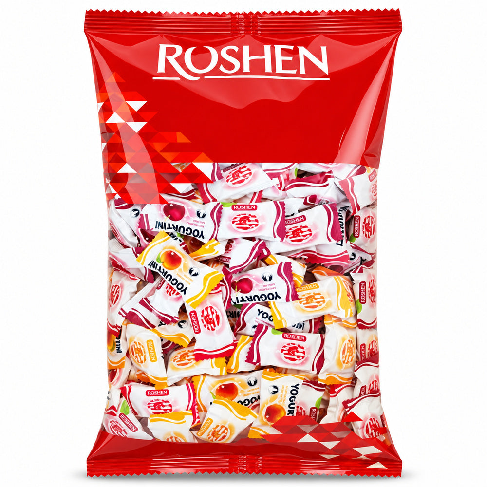 Roshen Yogurtini Mix "Fresa, Cereza y Melocotón" - Formato Bolsa 1KG — envase sobre fondo blanco