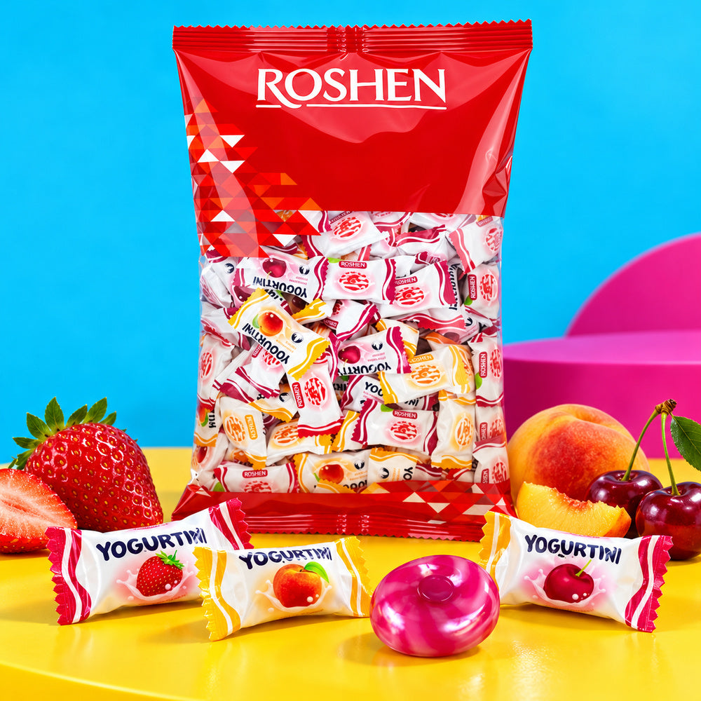 Roshen Yogurtini Mix "Fresa, Cereza y Melocotón" - Formato Bolsa 1KG — producto y detalle
