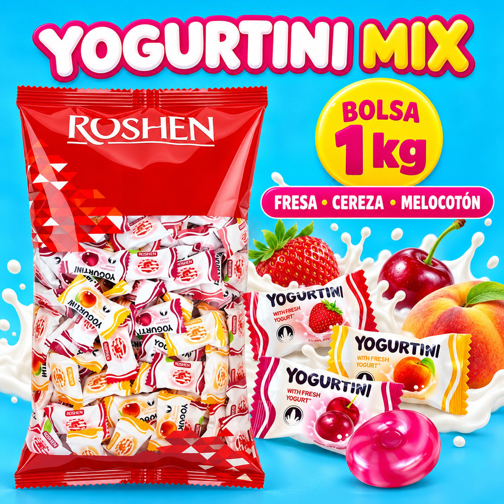 Roshen Yogurtini Mix "Fresa, Cereza y Melocotón" - Formato Bolsa 1KG — infografía