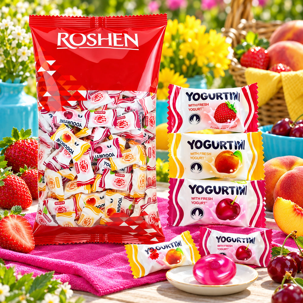 Roshen Yogurtini Mix "Fresa, Cereza y Melocotón" - Formato Bolsa 1KG — escena temática