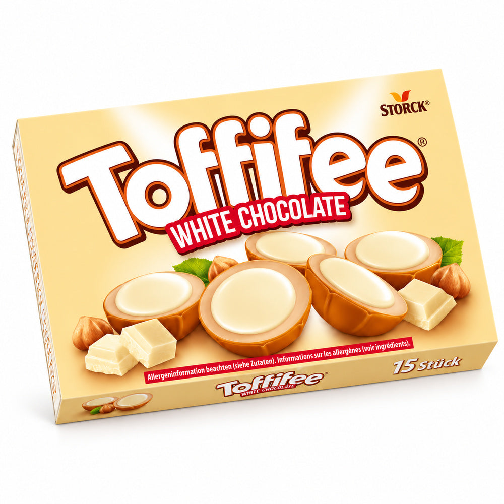 Toffifee Chocolate Blanco Con Avellana y Caramelo | Caja 125G — envase sobre fondo blanco