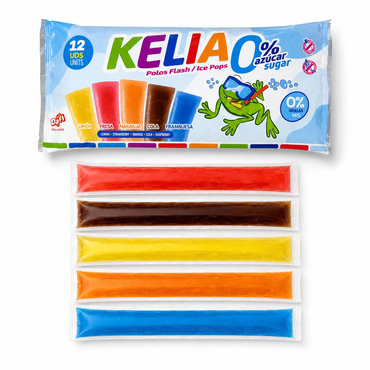#AMZ Kelia Sin Azúcar - Polo Flash 0% | SIN GLUTEN, SIN LACTOSA | Sabores Surtidos: Fresa, Cola, Limón, Naranja y Frambuesa - 15 Bolsas = 180 Unidades x 45 ml
