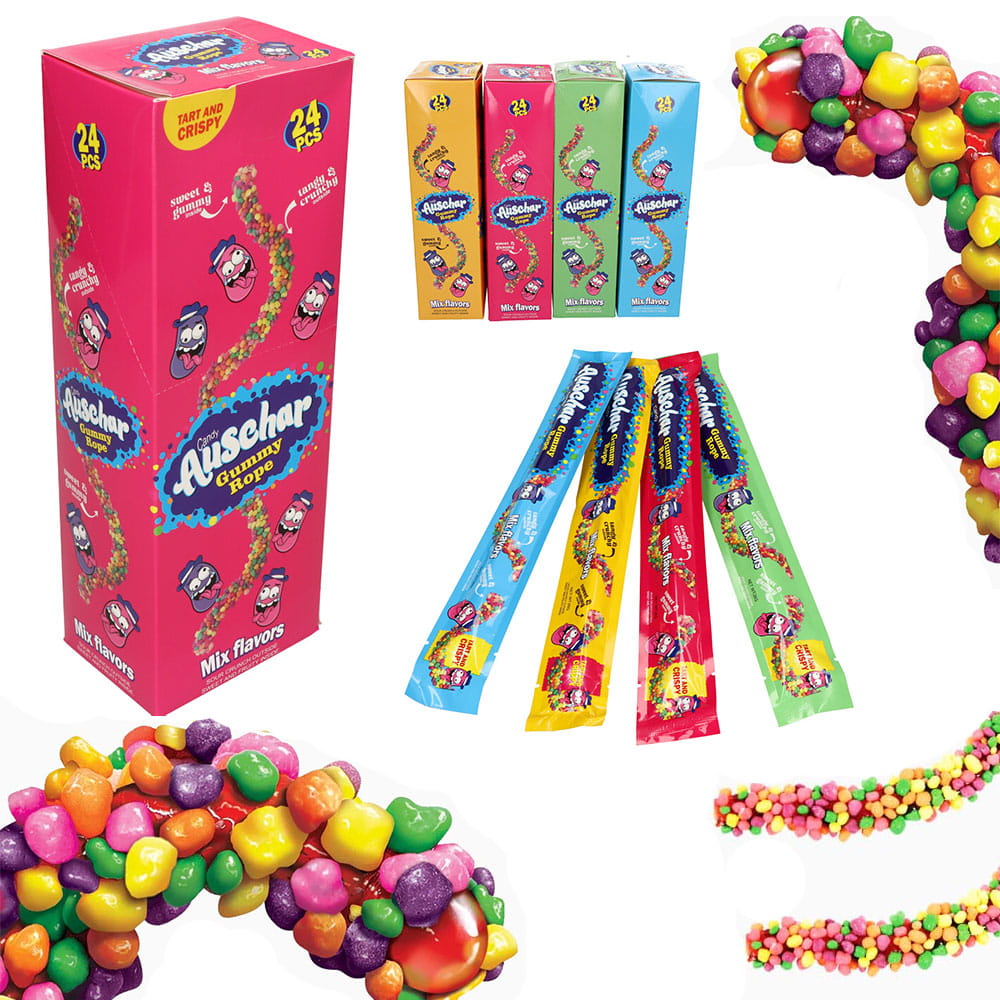 GUMMY ROPE - Gominola con Cobertura Crunchy - Envuelto Individualmente | Contiene 24 Uds  | DISEÑO INTERIOR CON UN SOLO COLOR ALEATORIO: ROSA, AZUL, VERDE, AMARILLO