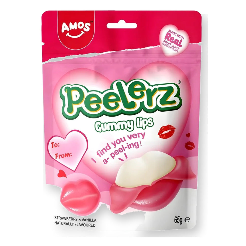 Amos Peelerz Gummy Lips fresa y vainilla bolsa 65 g sobre fondo blanco