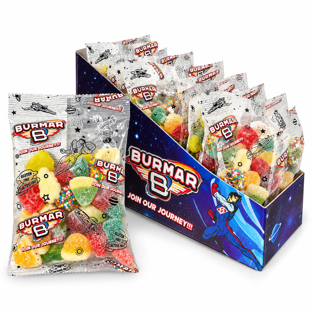 Burmar Crazy Mix expositor con 13 bolsas y bolsa individual sobre fondo blanco
