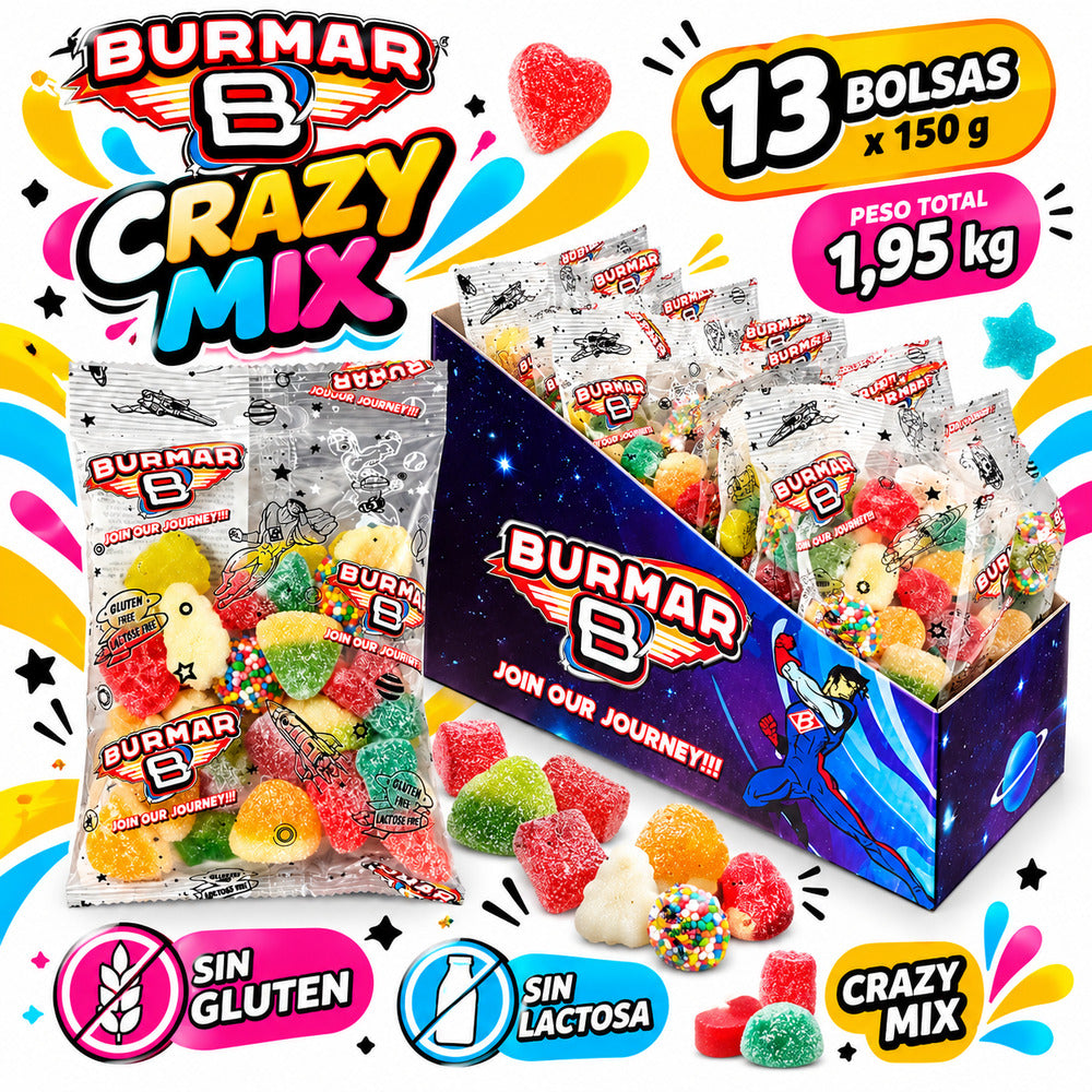 Burmar Crazy Mix pack display 13 bolsas de 150 g infografía