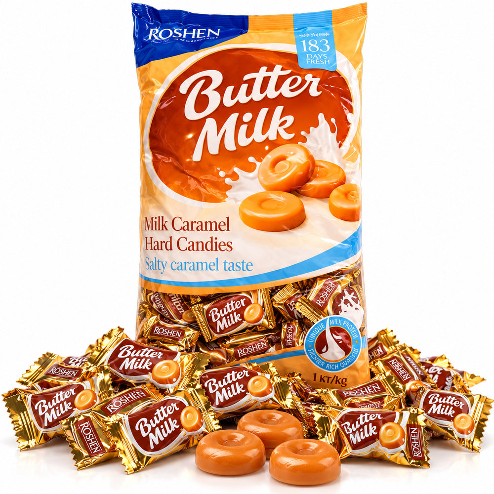 Butter Milk 1KG - Aprox 183 Unidades - Roshen - Caramelo con Leche y Suave Toque Salado