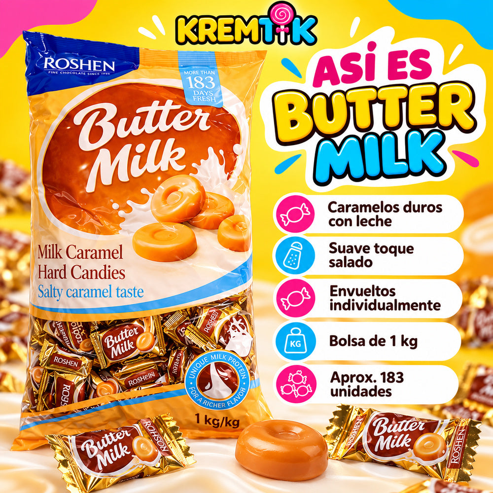 Butter Milk 1KG - Aprox 183 Unidades - Roshen - Caramelo con Leche y Suave Toque Salado