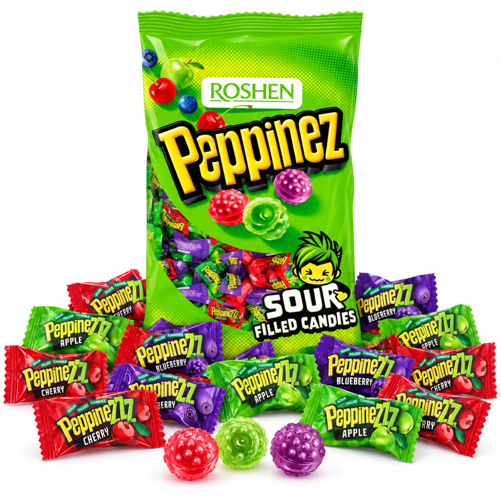Roshen Peppinezz bolsa 900 g con caramelos sobre fondo blanco