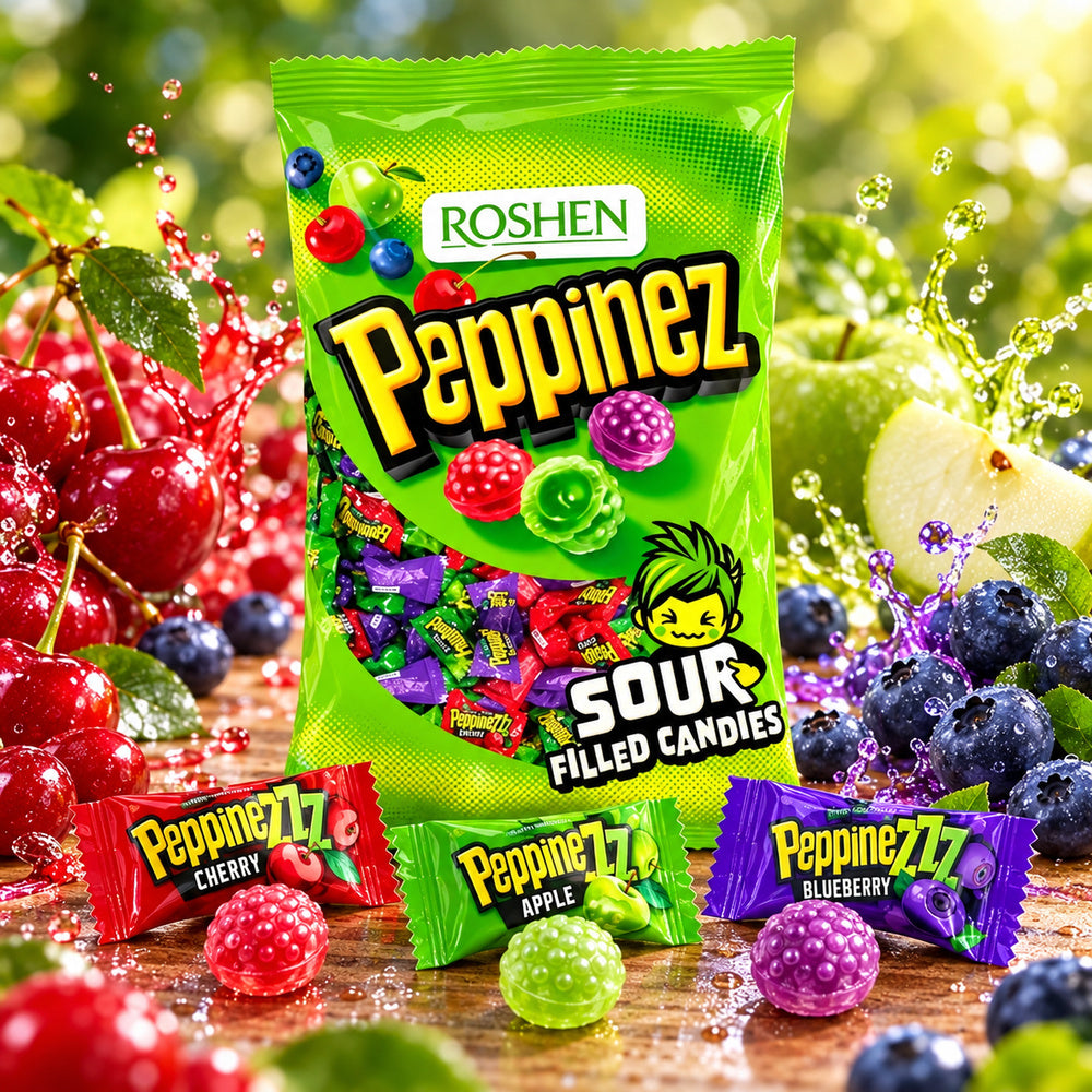 Roshen Peppinezz con temática de cereza, manzana y arándano