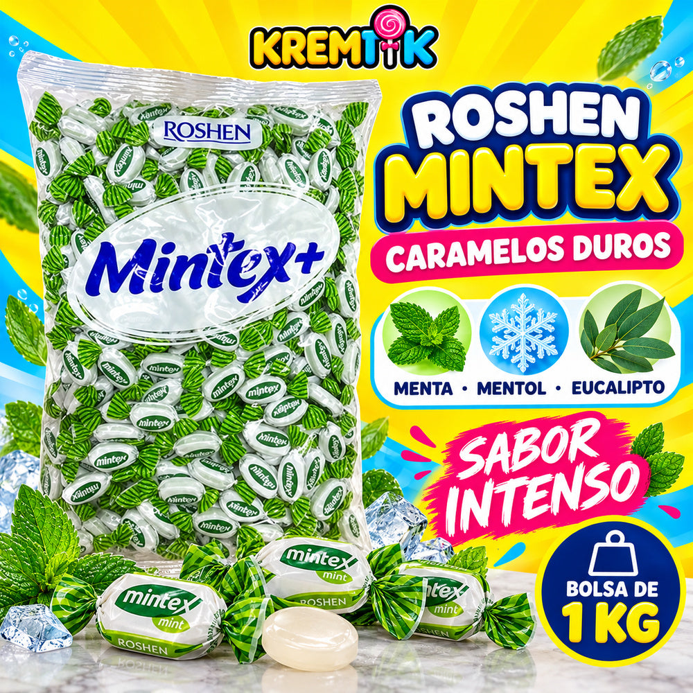 Caramelos Duros Roshen Mintex 1KG – Caramelos Refrescantes de Menta, Mentol y Eucalipto Sabor Intenso