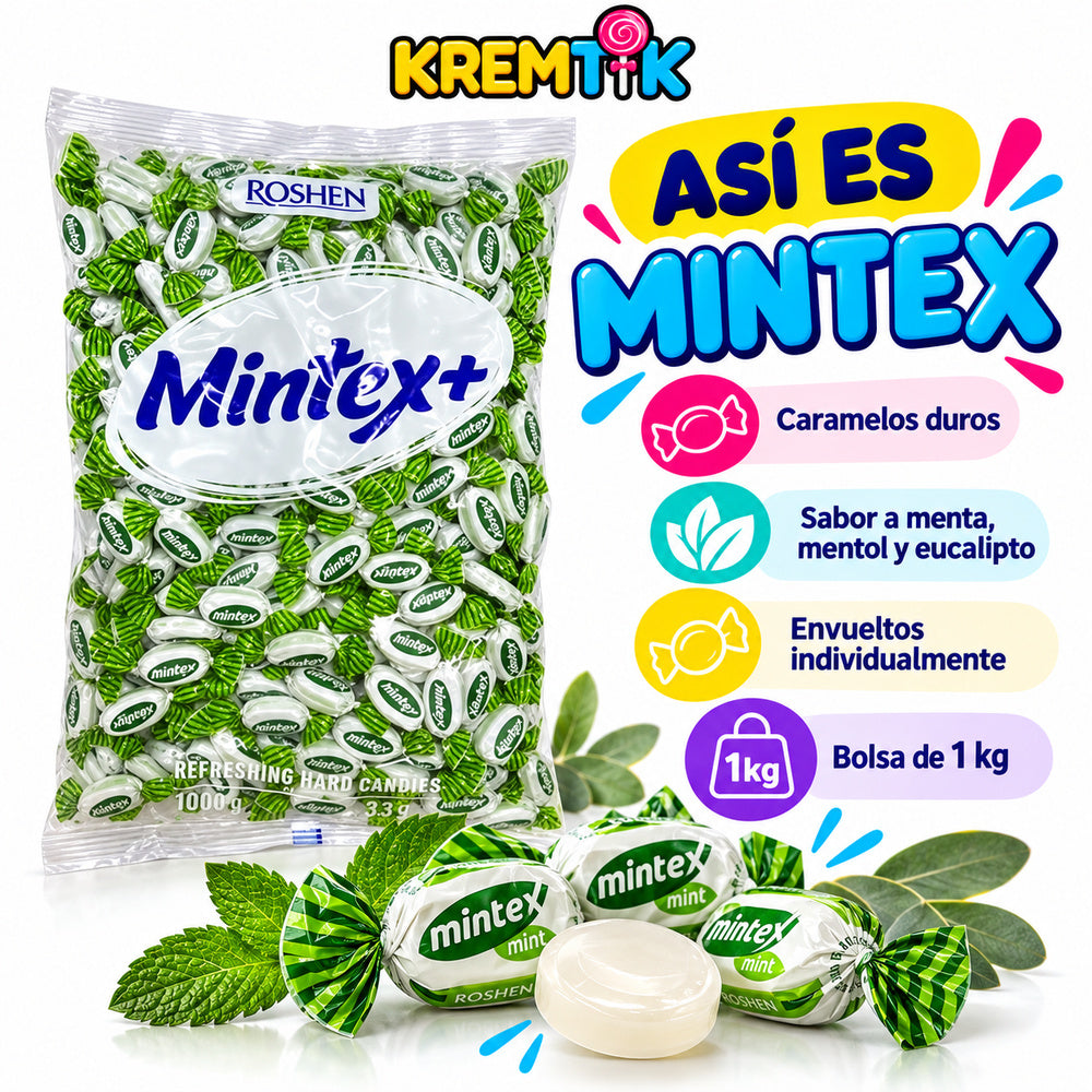 Caramelos Duros Roshen Mintex 1KG – Caramelos Refrescantes de Menta, Mentol y Eucalipto Sabor Intenso