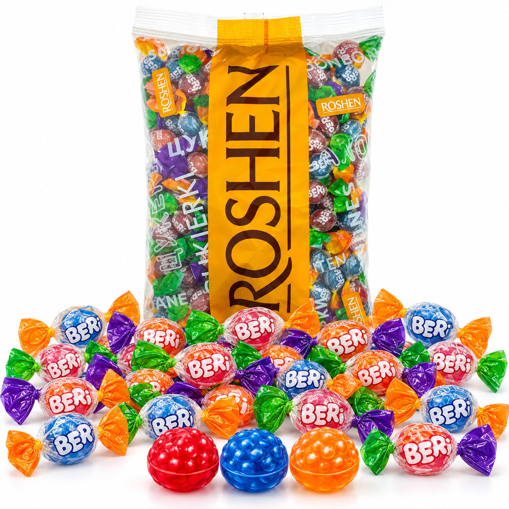 Roshen Beri bolsa 1 kg con abundantes caramelos delante sobre fondo blanco