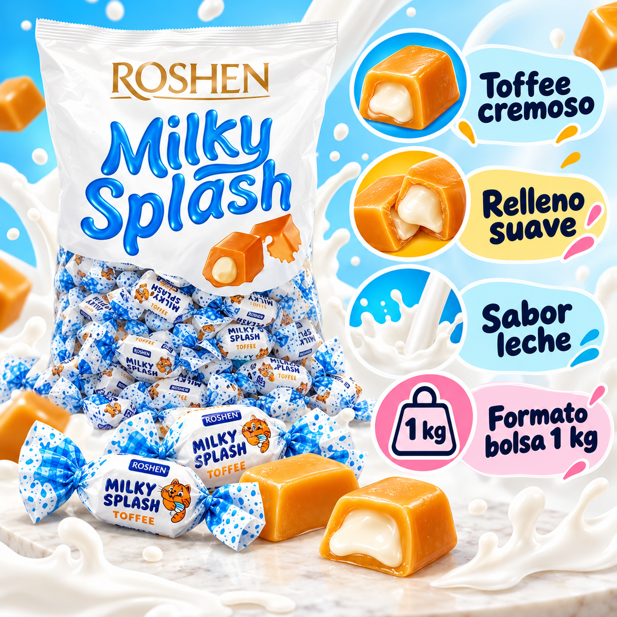 Roshen Milky Splash Caramels - Milk Cream Filling | 1KG Bag