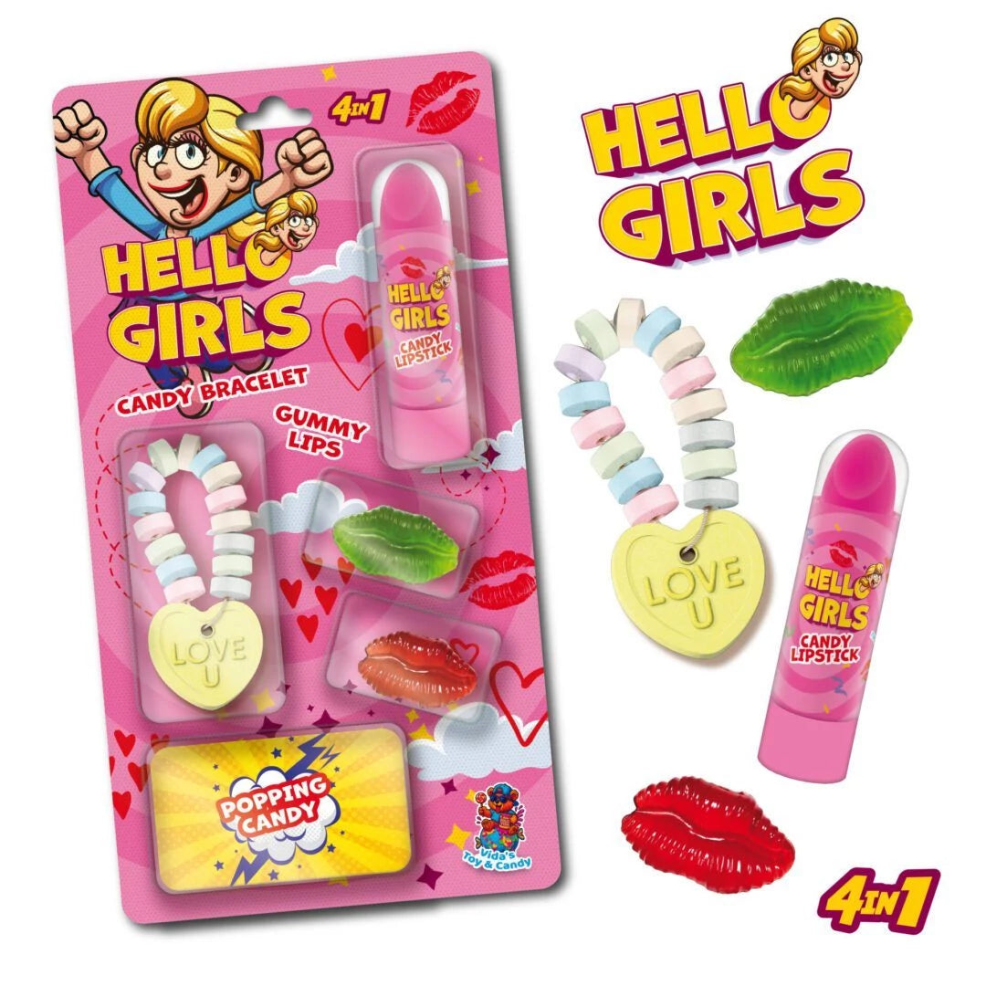 Kit "Hello Girls" 4 en 1 - Collar, Pintalabios, Gominolas, Popping Candy - Contiene 12 Unidades