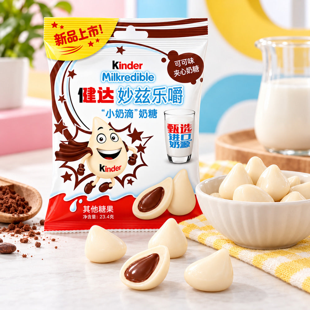 Kinder Milkredible bolsa y caramelo en ambiente comercial