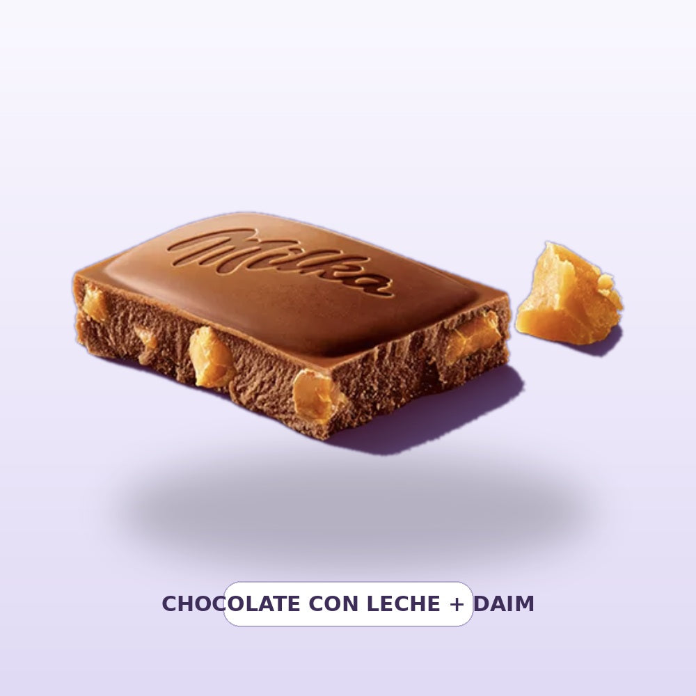 Chocolate Milka Daim detalle de la tableta y caramelo