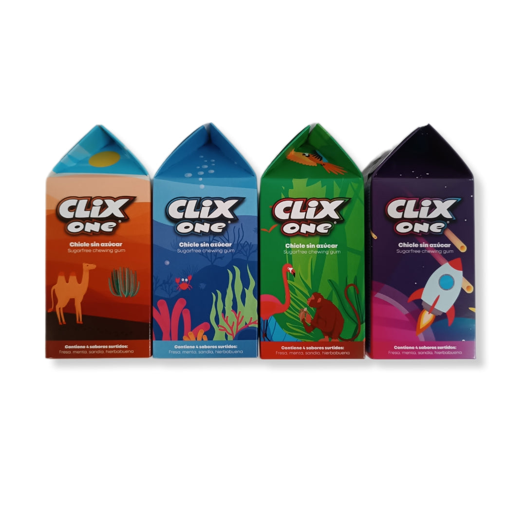 Clix Chicles PACK 4 CAJAS TEMÁTICAS | 4 Sabores Surtidos Sin Azúcar 100g
