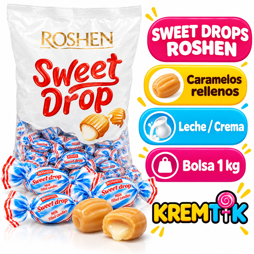 Roshen Sweet Drops caramelos rellenos de leche y crema, bolsa 1 kg