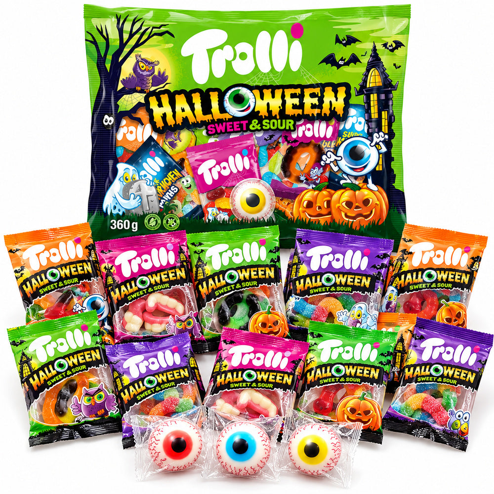Trolli Party Halloween 360 g - fondo blanco y minibolsitas delante