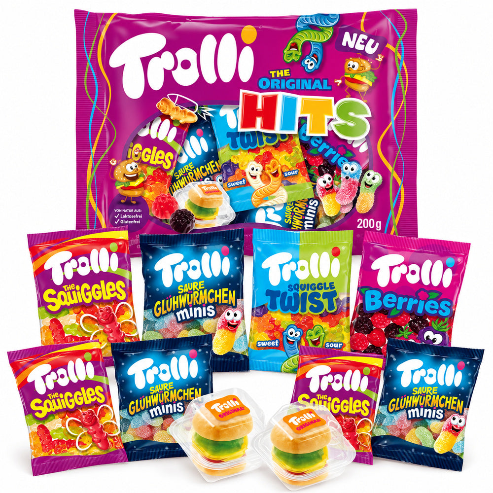 Trolli The Original Hits 200 g - fondo blanco y minibolsas delante