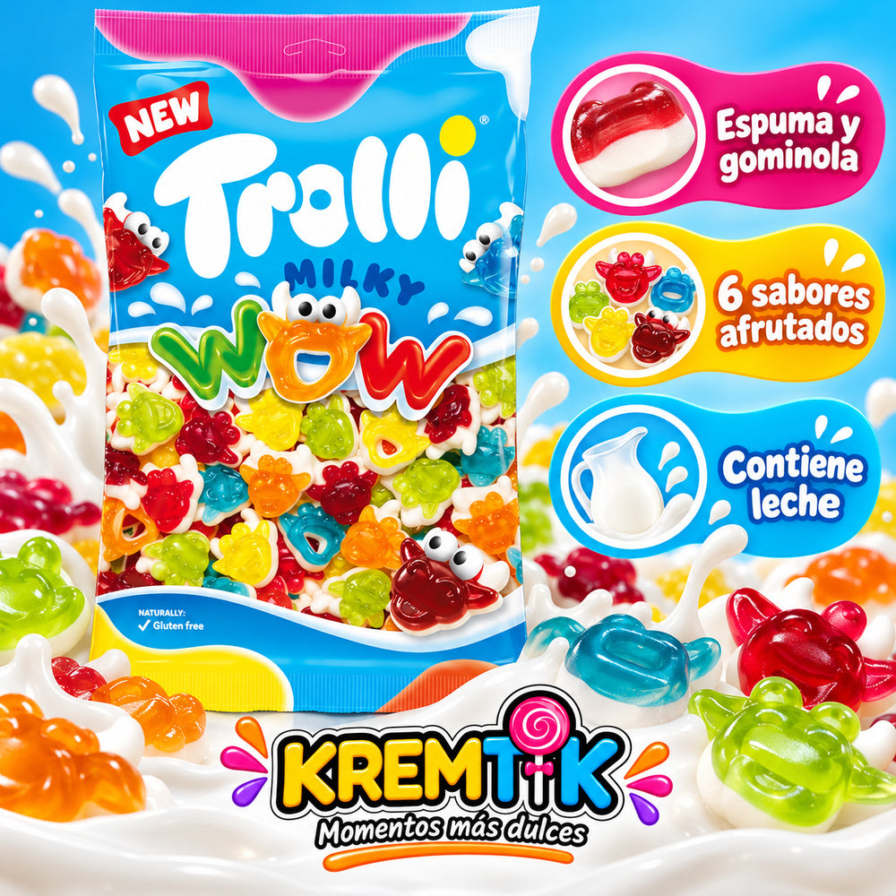 Trolli WOW Milky Mix - espuma y gominola, seis sabores afrutados, contiene leche