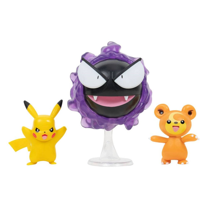 Pack de 3 figuras jazwares pokemon batalla teddiursa pikachu y gastly